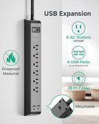 2 Pack Surge Protector Power Strip with 6 Outlets 4 USB Ports (2 USB C) 20-Foot Extension Cord Flat Plug 900 Joules 15A Circuit Breaker Wall Mount Desk USB Charging Station for Home Office