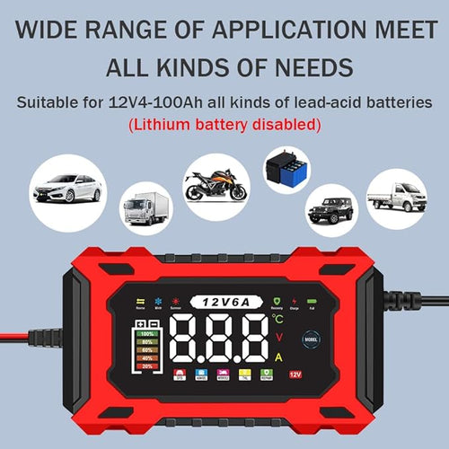 6-Amp 12V Smart Car Battery Charger, Battery Maintainer Trickle Charger with Desulfator, Pulse Repair & Overcharge Protection - for Car Lawn Mower Marine Lead-Acid Batteries (Red)