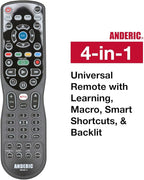 4-in-1, 4-Device IR Universal Remote Control with Macro, Learning, Backlit, Netflix Apps Keys for All TVs, Streaming Players, BluRay Player, Audio, Cable, Roku, Apple TV and More - Anderic RRU401