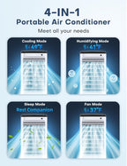 CENSTECH 4-IN-1 Portable Air Conditioners, Evaporative Air Cooler w/3Modes & 3Speeds, 12H Timer for Smart Auto-off, 1-Gal Tank for 15H Cooling, 26FT Remote, No Hose Needed, 70°Oscillating Swamp Cooler