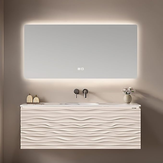 40IN Bathroom Vanity - Smart Defogging Mirror Cabinet | Waterproofing Technology & Wave Shaped Door Panel, Floating Bathroom Vanities with Large Storage Space (Mirror)