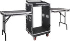 Sound Town Heavy-Duty 1/2" (12mm) Plywood 16U PA DJ Rack/Road ATA Case with 11U Slant Mixer Top, 20" Rackable Depth, 2 DJ Work Tables and Casters, Pro Tour Grade (STMR-16UWT2)