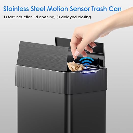TLSUNNY 21.1 Gallon Automatic Trash Can, Stainless Steel Motion Sensor Garbage bin, Smart Trash Can W/Butterfly Lid, Bag Retainer Ring and Display Light for Living Room,Kitchen,Office (Black, 80L)