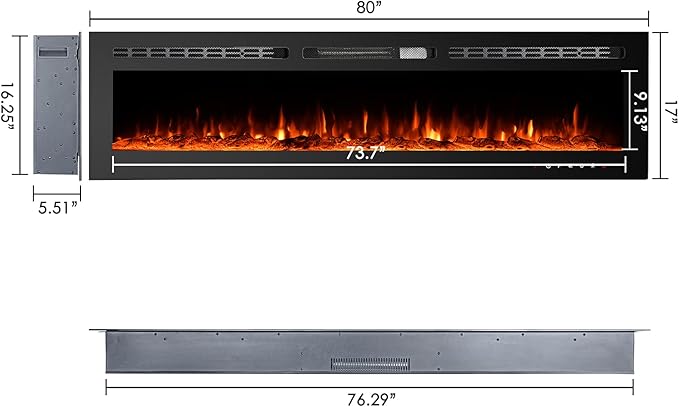 CharaVector 80 inch 750W/1500W Electric Fireplace Inserts with Remote Control in Wall Mounted, Energy Saving LED Insert Fireplace Heater Indoor Glass View with Remote Control & Touch Screen, Black