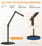 Camera Round Base Mount Desk Stand, Flexible Aluminum Photography Floor-Standing Light Monopod Stand Phone Holder with 1/4" 3/8'' 5/8'' Screw for DSLR Camera, Light, Webcam, Live Streaming, Vlogging