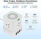 Uncaged Ergonomics Wireless Cube Charger & Power Strip with USB Ports, Surge Protection, 10ft Extension Cord with Wireless Charger, 4 AC Plugs & 3 USB Ports, 1 C Fast Charging with On/Off Switch