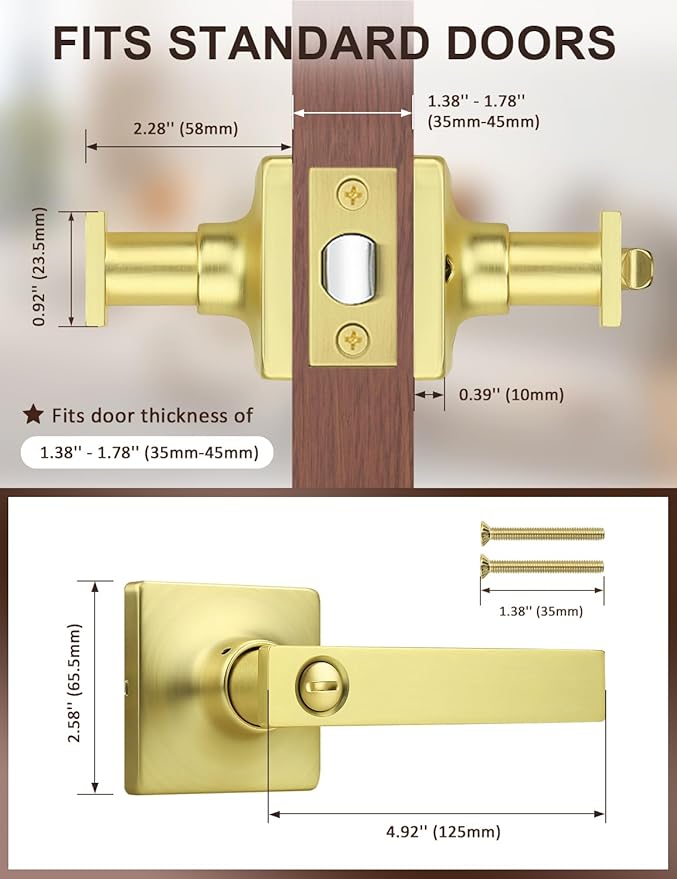 Mengico 1 Pack Gold Privacy Lever Door Handle Interior with Lock, Heavy Duty Square Door Lock for Bed/Bath, Keyless Door Locksets, Reversible for Left Right Handed Doors