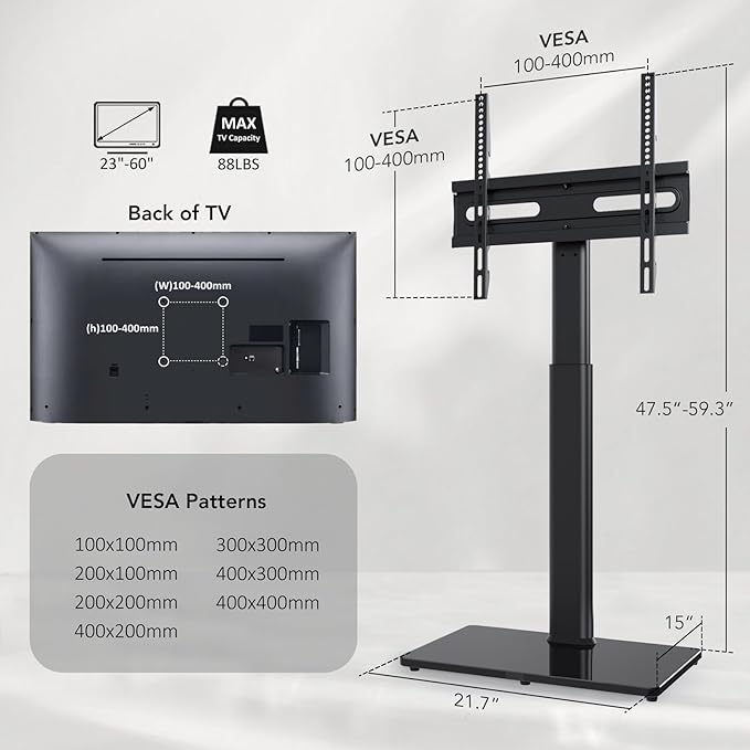 AX WABER Universal TV Floor Stand with Mount for 27 to 65 inch TVs,Swivel Standing TV Stand with 9 Level Height Adjustable,Space Saving Design Tall TV Stand for Living Room/Bedroom/Dorm/Corner Black