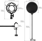 Anti-vibration Microphone Shock Mount for 46mm-50mm Condenser Microphones with Pop Filter for Broadcasting Studio Music Recording, Wind Pop Screen Flexible 360 Degree Gooseneck Clip Arm