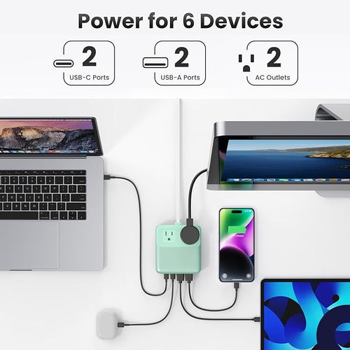 135W Charging Station USB C Power Strip,6-in-1 GaN USB C Charger Block with Plug &5ft Cord,2 AC,2 USB-A,2 USB-C,PD 65W Laptop Charger for MacBook,iPhone 16/15/14,Desktop Fast Charging for Home,Office