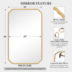 30"x48" Gold Bathroom Mirror for Wall, Large Brass Gold Bathroom Vanity Mirror for Over Sink, Rounded Rectangle Mirror in Premium Iron Metal Frame Hangs Horizontal Or Vertical