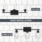 WINSHEN Wall Sconce Lighting 3-Light Matte Black Bathroom Vanity Light Fixtures Farmhouse Wall Lamp with Seeded Glass for Kitchen Living Room Mirror