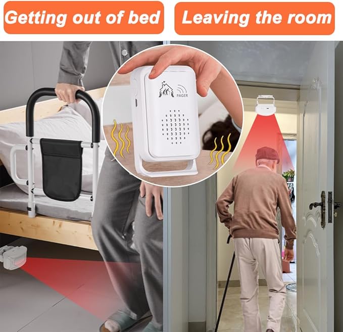 Bed Alarm for Elderly Adults Wireless，Bed Sensor Alarm and Fall Prevention for Elderly/Dementia Patients and More,Caregiver Pager/ Motion Sensor Alert with Vibration【 Newly Upgraded】
