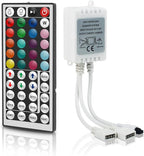 RGB LED Strip Light Remote Controller, 44 Key IR Remote with 2-in-1 4 Pin Connector, Dual Output Dimmer for 12V-24V DC 5050/3528 LED Tape Rope Lighting, 30ft Range