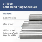 Split Head King Sheet Set – 4 Piece Flex Split Top King Sheets for Adjustable Beds - Fits 14” to 16" Mattress w/ Deep Pockets - Breathable & Cooling - Luxury Bedding and Wrinkle Free - Grey Stripes 3