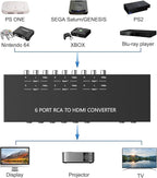 ZUZONG 6 Way RCA to HDMI Converter 1080P/720P RCA Composite CVBS AV Switch to HDMI Converter Adapter Support 4:3/16:9 Switch for Sega Xbox PS1 PS2 PS3 N64 NGC SNES WII VHS VCR Camera DVD