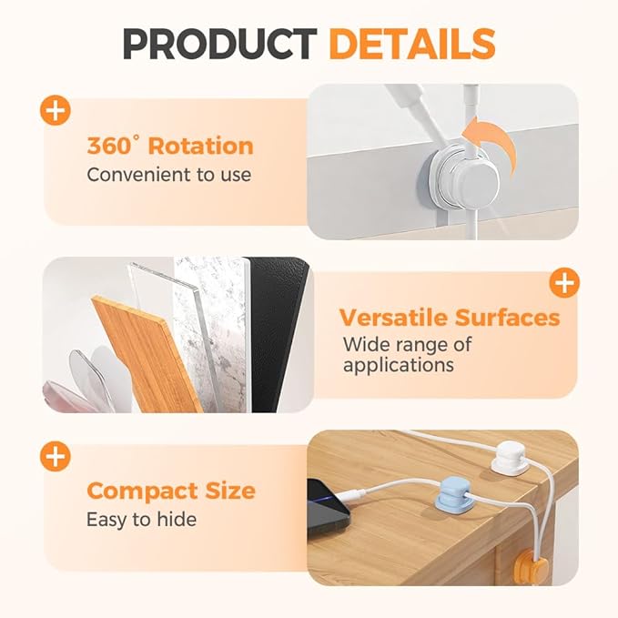 Magnetic Cord Organizer Holder, Upgrade Cord Holder for Nightstand, Adhesive Wire Cable Clips Management Kit for Phone Charger, Computer, Home, Office, Desk, Nightstand (Mix, 6 Packs)