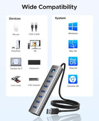 ORICO 7-Port USB 3.0 Hub, Aluminum USB Multiple Adapter, 5Gbps USB Extender USB Splitter with 3.28Ft Cable, UBS-A Hub Long Cable for Desktop, PC, Flash Drive, Mobile HDD, Windows/XPS