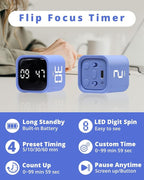 Productivity Timer Flip Gravity Sensor Cube Timer Countdown & Countup,Mute & Vibrate & Sound，5/10/30/60min & Custom Timing, Perfect for ADHD,Work,Learning,Kitchen Cooking (2 Blue)