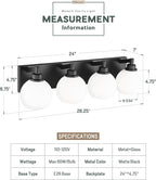 METWET Bathroom Light Fixtures, 4 Light Matte Black Vanity Light, 26 Inch Modern Wall Sconces with Globe Milk White Glass Shade, Vanity Lighting Fixtures Over Mirror, VL195-MB-ML-4