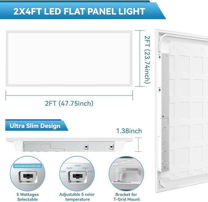 Msbfi 2x4 LED Flat Panel Lights Drop Ceiling Light Fixture 5000K 4000K 3000K Selectable 0-10v Dimmable, 30-40-50W 24x48 LED Light Fixture 100-277V for Office Ceiling Lighting Fixture ETL/DLC 8 Pack