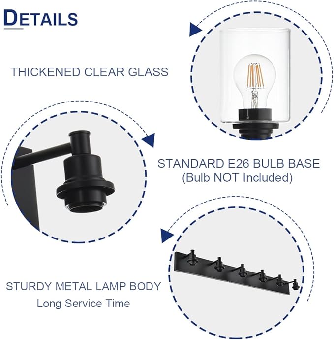 TODOLUZ Industrial Wall Sconce Lighting in Matte Black Finish, 3-Light Bathroom Vanity Light Fixtures with Clear Glass Shades (E26 Bulb Base)