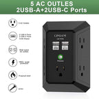 USB Wall Charger, Surge Protector, QINLIANF 5 Outlet Extender with 4 USB Charging Ports (4.8A Total) 3-Sided 1680J Power Strip Multi Plug Outlets Wall Adapter Spaced for Home Travel Office(2U2C),Black