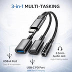 Mizi 3-in-1 USB C to Headphone Jack and Charger Adapter, 60W PD Fast Charging & USB A Hub, Compatible with iPhone 15/16/17 Pro/Max, Samsung Galaxy, iPad Pro, MacBook, Pixel - Black