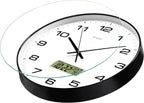 TIMESS Wall Clock, 14" Large Dial Non-Ticking Silent Battery Operated Analog with LCD Display for Perpetual Calendar and F° Temperature, Ideal Modern Home, Bedroom, Office Decor (Black)