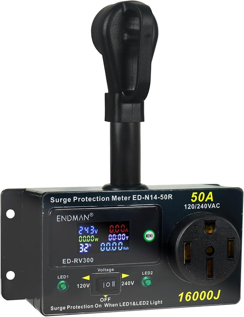 50 Amp RV Surge Protector with kWh Energy Monitor - 16,000 Joules Lightning Protection - Digital Power Meter Display (Volts, Amps, Watts, Temp) for Motorhome (NEMA 14-50P)