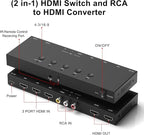 RuiPuo 4In to 2Out HDMI/AV Switch (1 AV Input+3 HDMI 2.0 Inputs) RCA to 2Port HDMI Converter for PS1/2/3/4/5, N64, SNES, Switch, DVD, Roku etc.