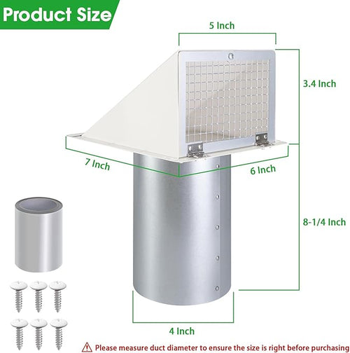 4 Inch Dryer Vent Cover Outside,Dryer Vent Cover Outdoor Exterior Vent Cover Wall Vent Dryer Exhaust Vent Cover Cap,Hooded Wall Vent with Screen & Damper for Dryer Duct AC HVAC,Galvanized Steel,White
