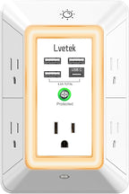 Multi Plug Outlet Surge Protector - Lvetek 3-Sided Power Strip with 5 Outlet Extender and 4 USB Ports(1 USB-C) and Night Light, USB Wall Charger for Home, Office, Travel, ETL Listed, White