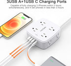 10 Ft Surge Protector Power Strip - YISHU 3 Side Outlet Extender with 8 Widely AC Outlets and 4 USB Ports, 10 Feet Extension Cord with Flat Plug, Wall Mount Desk USB Charging Station, ETL,White
