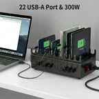 300W Charging Station for Multiple Devices, 22-Port Charger Stations for iPad, Laptops, iPhone, Android Cell Phone, Tablet, Organizer Charging Dock Ideal for Home Office Commercial Use