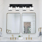 WINSHEN 4-Light Bathroom Vanity Light Fixture, Modern Black Wall Lighting Over Mirror with Rectangular Clear Glass, E26 Bulb Base