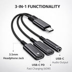 Mizi USB-C Headphone and Charging Adapter 3-in-1 – Type-C to 3.5mm Audio Jack + USB-C PD Charging + Type-C Audio Splitter, Compatible with iPhone, iPad, Samsung Galaxy, Pixel, and More – Black