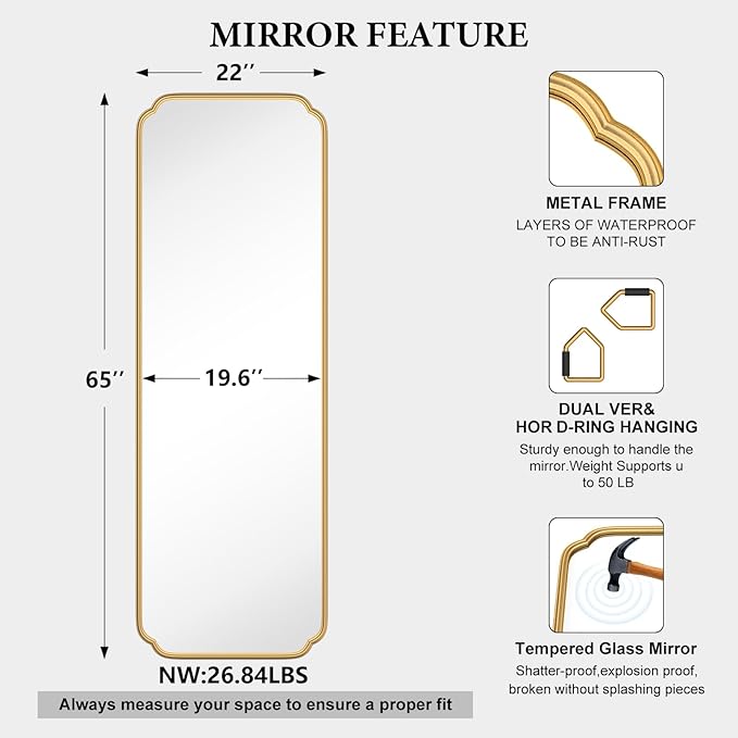 Gold Full Length Mirror with Standing, 65"x22" Rounded Corner Wall Mounted Floor Mirror Leaning Against Wall Dressing Room