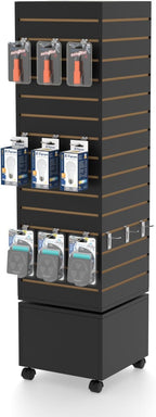 16" W * 16" D * 62" H - Black Slatwall Tower, Four Panel Slatwall Retail Fixture, Rotating Retail Display Rack