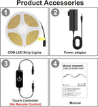 Pandery COB LED Strip,LED Strip Lights 3M/9.84ft,Touch Dimmable LED Strips,CRI90+,6000K Natural White cob led,1600LEDs,24V LED Tape Lights,Indoor for Bedroom, Kitchen, TV, Mirror,Cabinet
