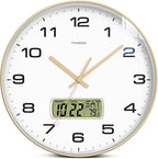 TIMESS Wall Clock, 13" Dial Non-Ticking Silent Battery Operated Analog with LCD Display for Perpetual Calendar and F° Temperature, Ideal Modern Home, Bedroom, Kitchen, Office Decor (Gold)