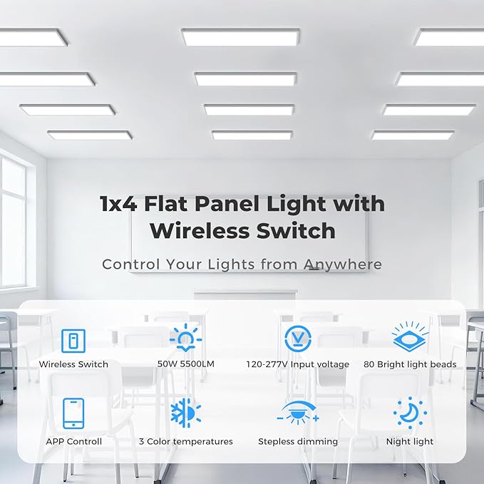 AIKVSXER 48 Pack 1x4 FT LED Flat Panel Light Surface Mount, with Wireless Switch & App Control, Night Mode, 50W 5500LM, 3000K/4000K/6500K, Ultra-Thin LED Light for Office Home,120-277V - White