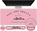 Gaming Mouse Pad, Large Desk Mat, Cute Desk Pad Protector, 4in1 XXL Mousepad + Keyboard Wrist Rest+Mouse Wrist Rest+Coaster Set with Ergonomic Desk Pad for Home Office Table Computer, Pink Pretty Bow