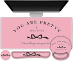 Gaming Mouse Pad, Large Desk Mat, Cute Desk Pad Protector, 4in1 XXL Mousepad + Keyboard Wrist Rest+Mouse Wrist Rest+Coaster Set with Ergonomic Desk Pad for Home Office Table Computer, Pink Pretty Bow