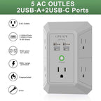 USB Wall Charger, Surge Protector, QINLIANF 5 Outlet Extender with 4 USB Charging Ports (4.8A Total) 3-Sided 1680J Power Strip Multi Plug Outlets Wall Adapter Spaced for Home Travel Office(2U2C),Grey
