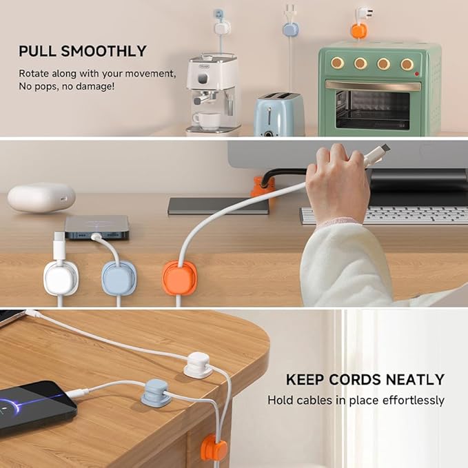Magnetic Cord Organizer Holder, Upgrade Cord Holder for Nightstand, Adhesive Wire Cable Clips Management Kit for Phone Charger, Computer, Home, Office, Desk, Nightstand (Blue, 12 Packs)