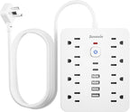 Bawmwim Surge Protector Power Strip - 8 Outlets(1250W/10A) 4 USB A（2 USB C, 10FT Flat Plug Extension Cord, Wall Mount Multi Plug Outlet Extender, ETL Listed for Home, Dorm Room