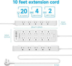 Solidock Power Strip Surge Protector Flat Plug with 20 AC Outlets 6 USB Chagring Ports, 1875W/15A, 2700J, 10 Ft Heavy Duty Extension Cord for Home, Office, Dorm, Gaming,ETL Listed (White, 10FT)