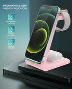 3 in 1 Wireless Charging Station, 2026 Upgraded Fast Desk Charger Station for iPhone 17 16 15 14 13 12 Pro Max Plus, Charger Stand for Apple Watch 10 9 8 7 6 5 4 3 2 SE, Airpods 4 3 2 Pro(Pink)