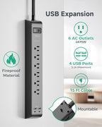 2 Pack Surge Protector Power Strip with 6 Outlets 4 USB Ports (2 USB C) 15-Foot Extension Cord Flat Plug 900 Joules 15A Circuit Breaker Wall Mount Desk USB Charging Station for Home Office